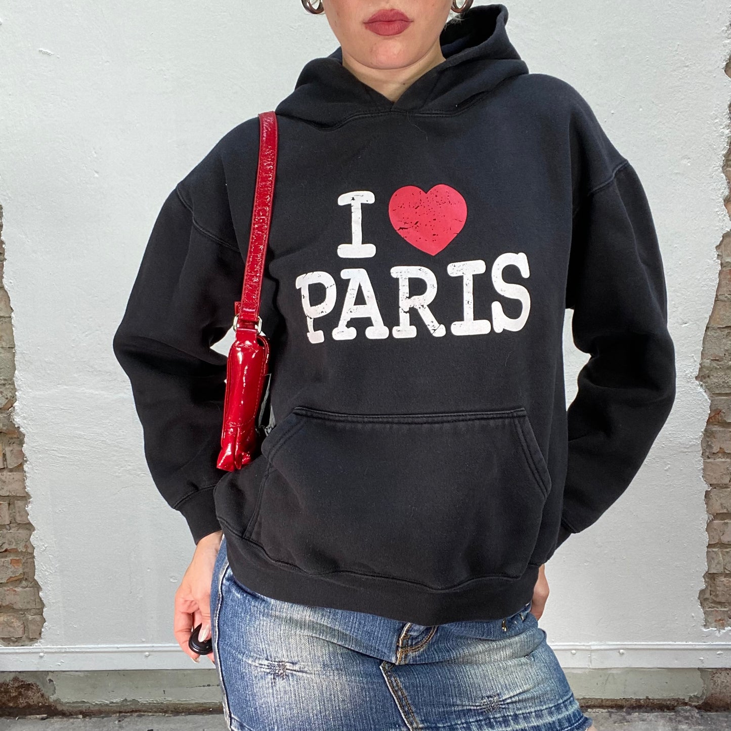 Vintage 2000's Black Sweater with Hood and "I <3 Paris" Print Detail (M/L)