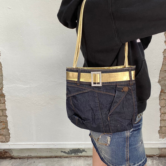 Vintage 2000's Summer Denim Shoulder Bag with Gold and Strass Belt Detail