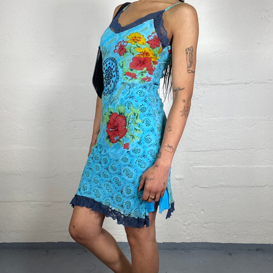 Vintage 2000's Summer Country Girl Aquamarin Blue Mini Cami Dress with Surfer Floral Print (S)