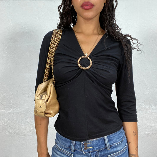 Vintage 2000's Classic Black Longsleeve Top with Brown Ring Detail (S)