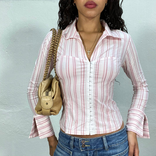 Vintage 2000's Coquette Pink Striped Longsleeve Blouse with Hooks (S)