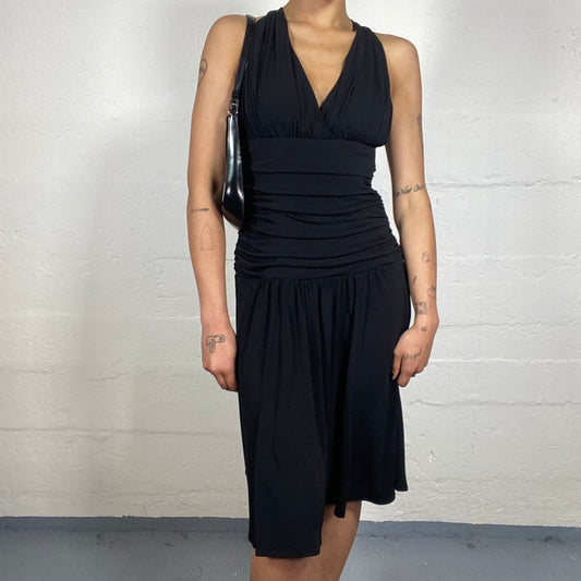 Vintage 2000's Classy Night Out Black Draped Dress with Cross Binding Back (S)