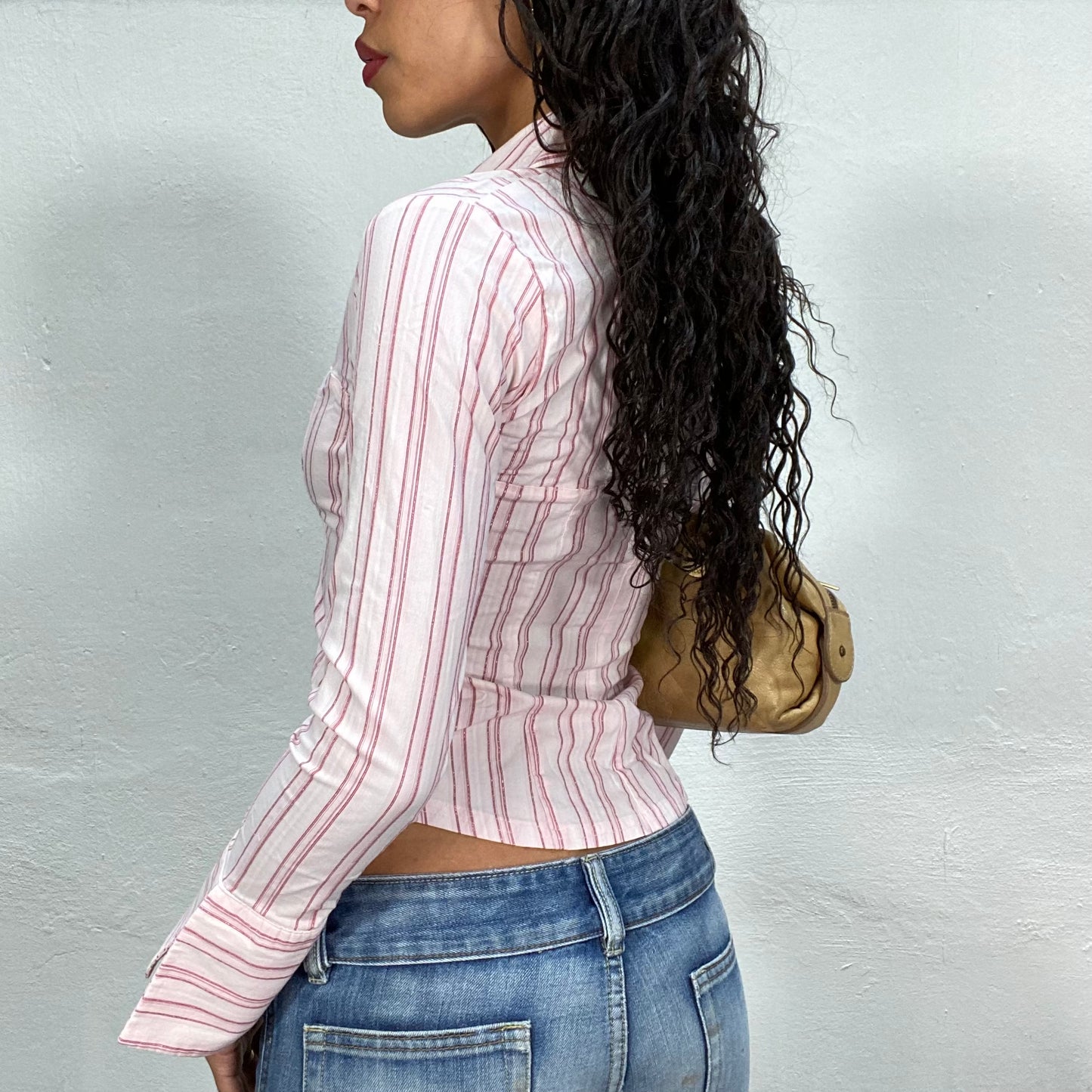 Vintage 2000's Coquette Pink Striped Longsleeve Blouse with Hooks (S)