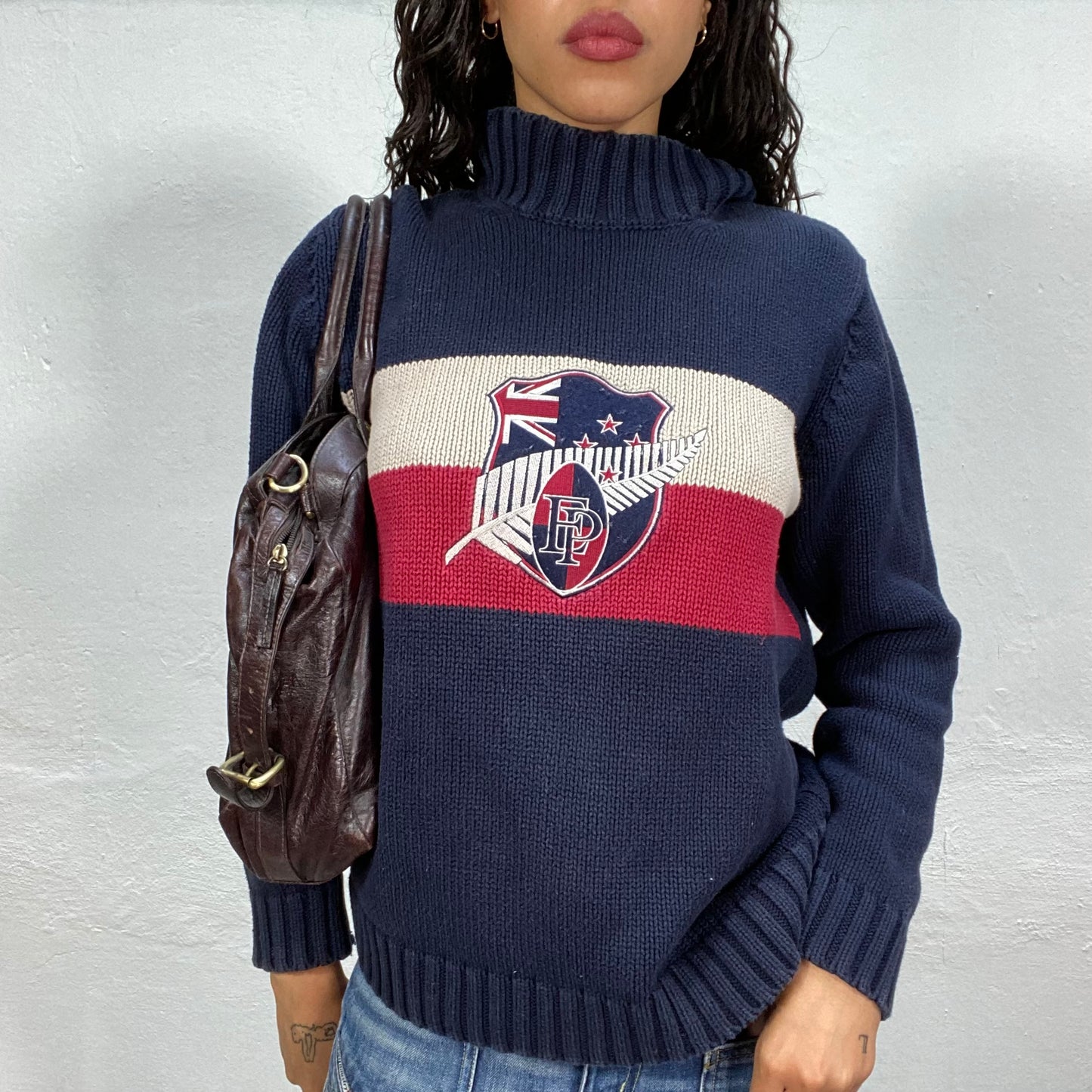 Vintage 90's Downtown Girl Navy Blue Knit Jumper with Red and White Rugby Team Detail (S/M)