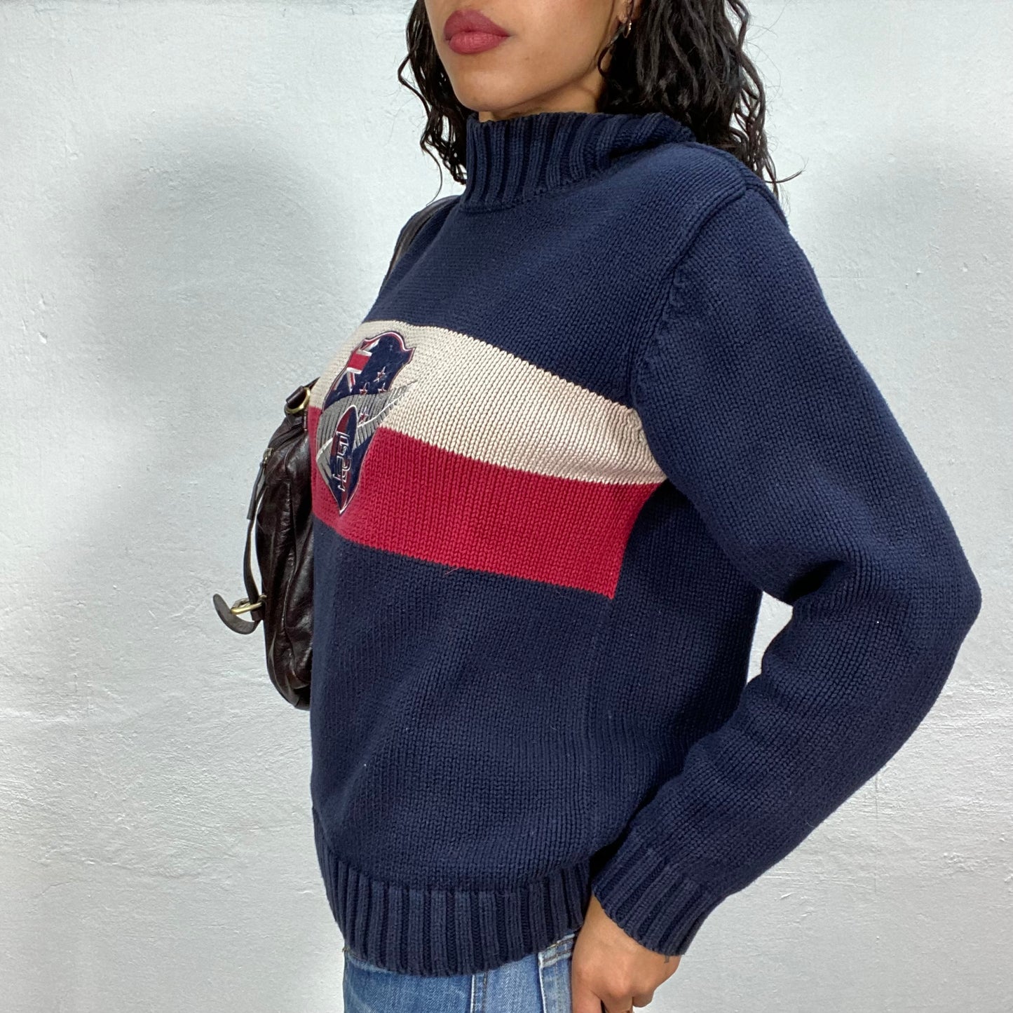 Vintage 90's Downtown Girl Navy Blue Knit Jumper with Red and White Rugby Team Detail (S/M)