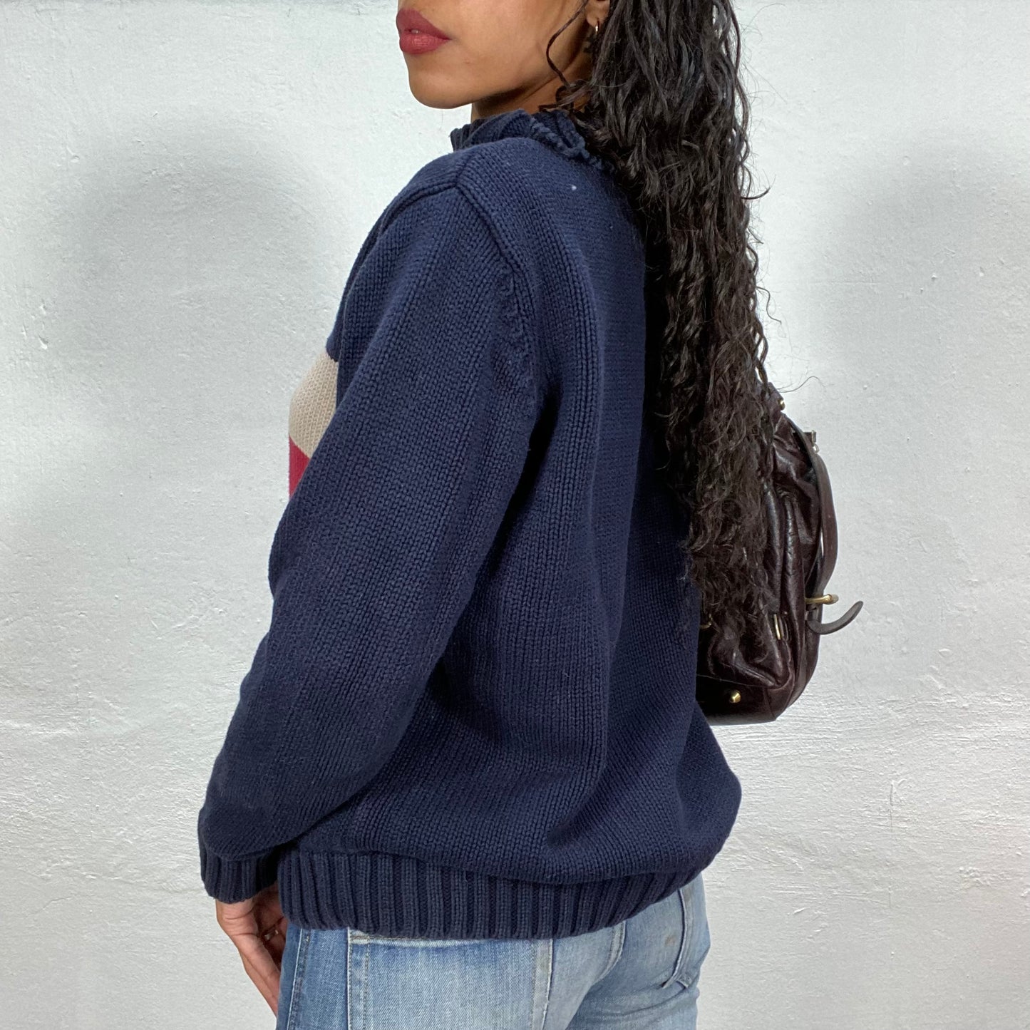 Vintage 90's Downtown Girl Navy Blue Knit Jumper with Red and White Rugby Team Detail (S/M)