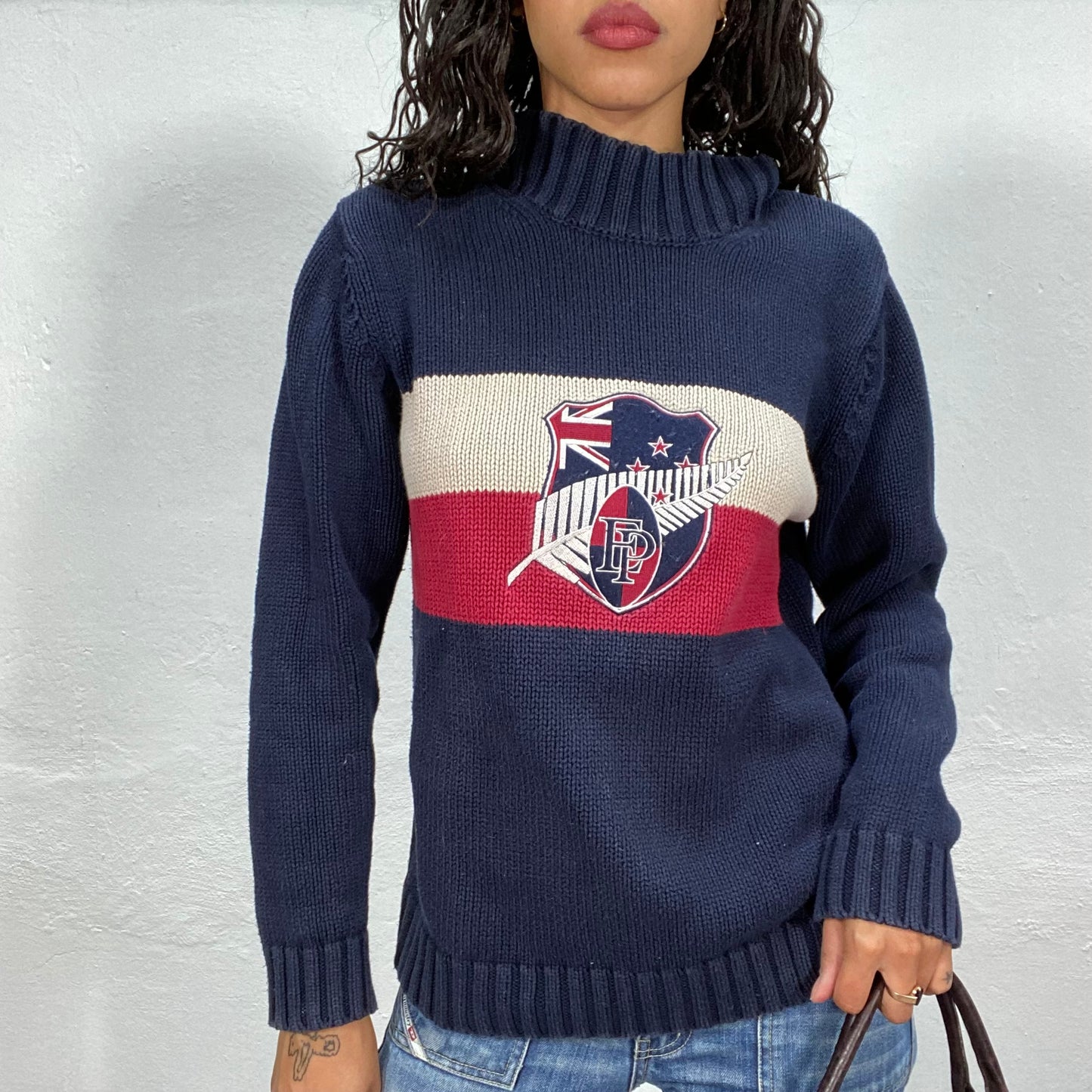 Vintage 90's Downtown Girl Navy Blue Knit Jumper with Red and White Rugby Team Detail (S/M)