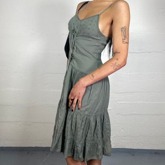 Vintage 2000's Downtown Girl Faded Green Layered Ruffled Skirt Cami Midi Dress with Binding Ribbon Detail (L)
