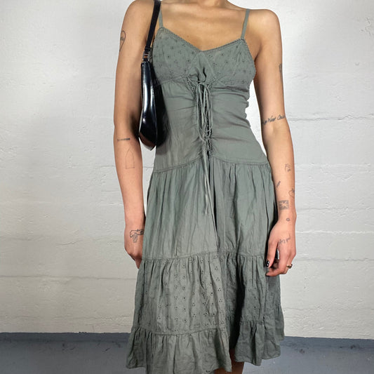 Vintage 2000's Downtown Girl Faded Green Layered Ruffled Skirt Cami Midi Dress with Binding Ribbon Detail (L)