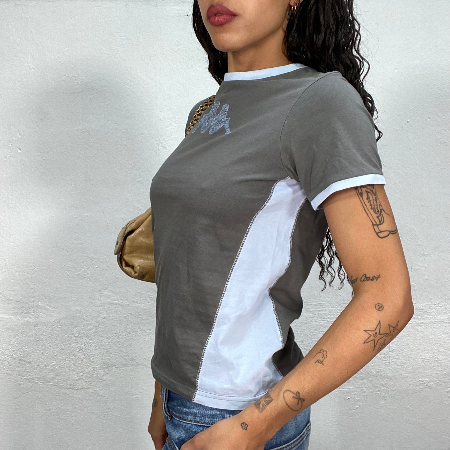 Vintage 90's Kappa Sporty Grey Top with Blue Logo & Trim Detail (S)