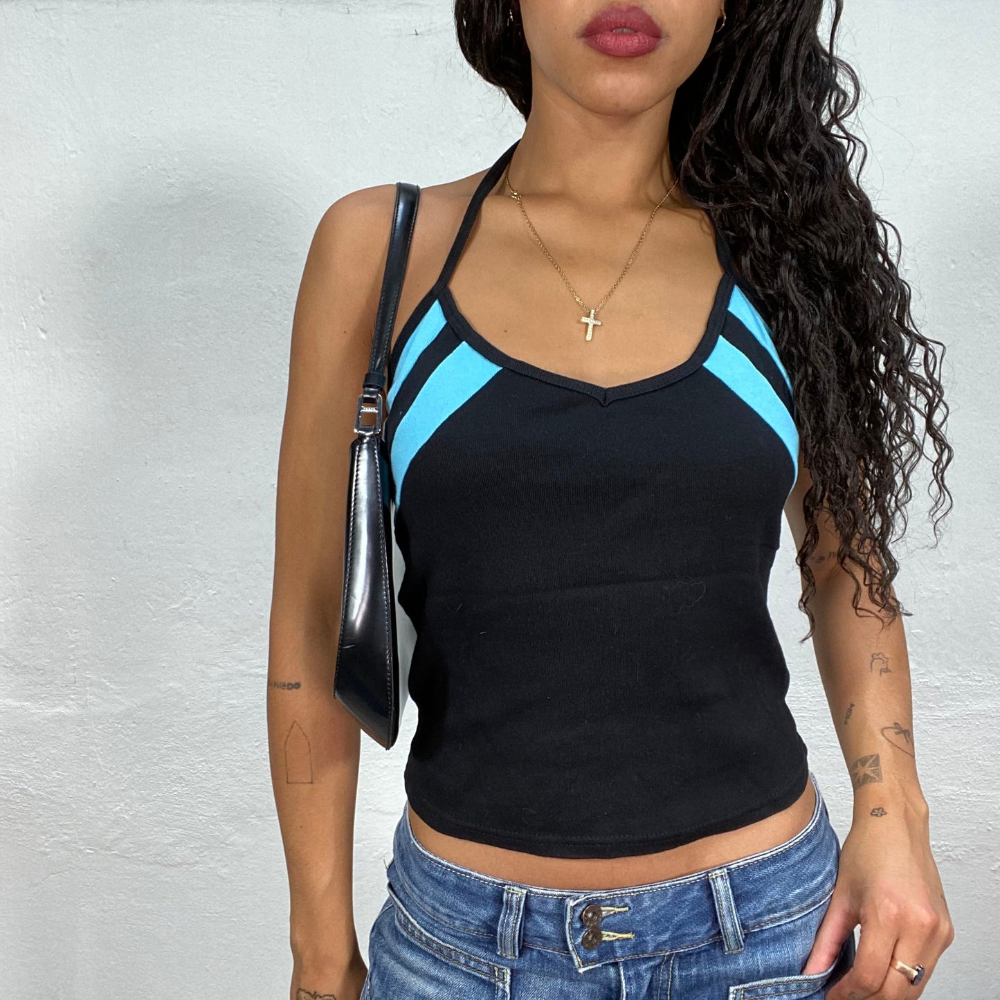 Vintage 90's Sporty Black Neckholder Top with Blue Trim Detail (S)