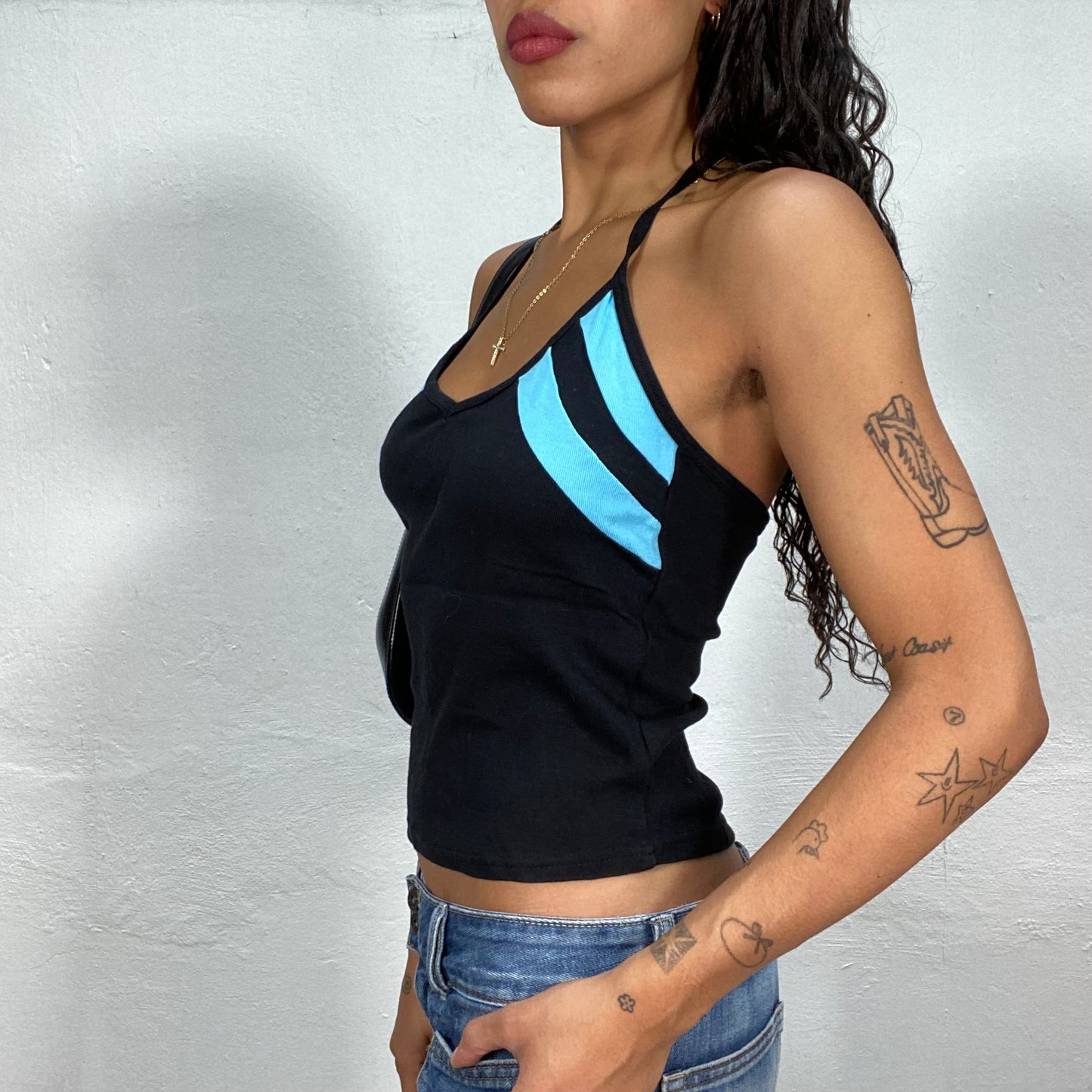 Vintage 90's Sporty Black Neckholder Top with Blue Trim Detail (S)