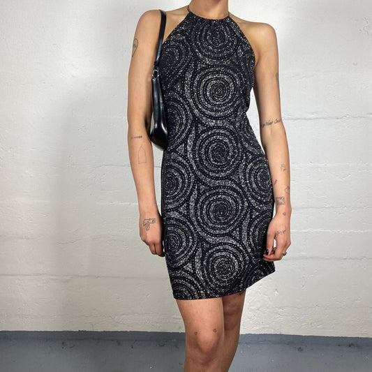 Vintage 2000's Clubwear Black Mini Neckholder Dress with Silver Shiny Spiral Print (M)
