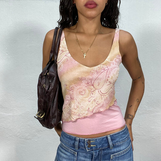 Vintage 90's Hippie Pink Layered Asymmetric Top with Paisley Print (S)