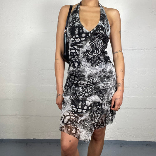 Vintage 2000's Grungy Black and White Flowy Chiffon Asymmetric Bottom Trim Neckholder Dress with Abstract Faded Print (S)