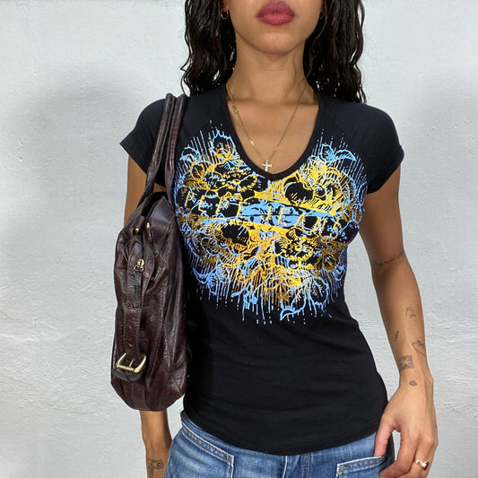 Vintage 2000's Downtown Girl Black Top with Blue and Gold Tattoo Design Print (S)