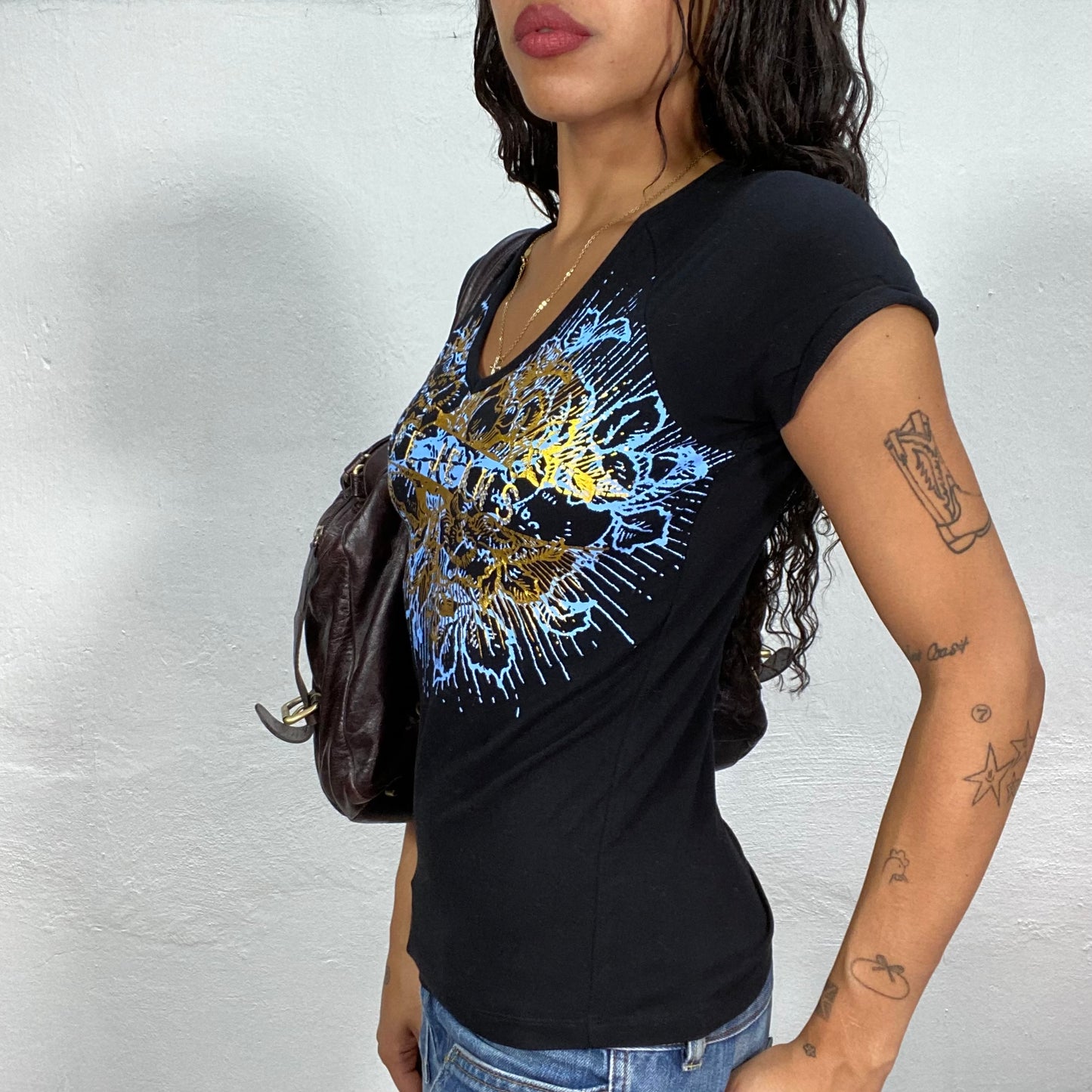 Vintage 2000's Downtown Girl Black Top with Blue and Gold Tattoo Design Print (S)