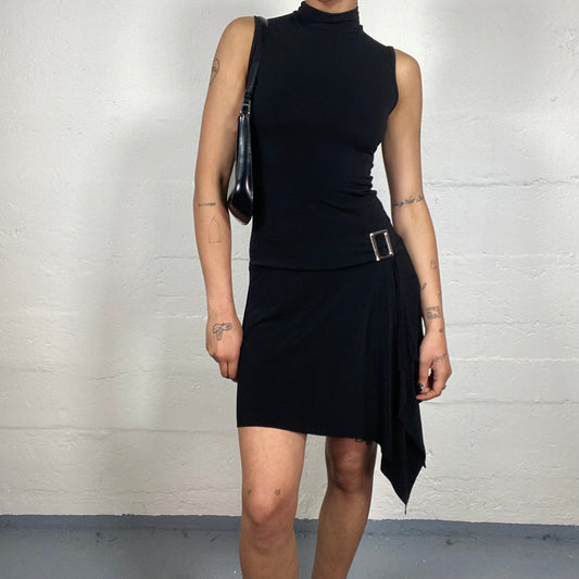 Vintage 2000's Glamorous Black Draped Asymmetric Turtleneck Sleeveless Dress with Side Metal Detail (S)
