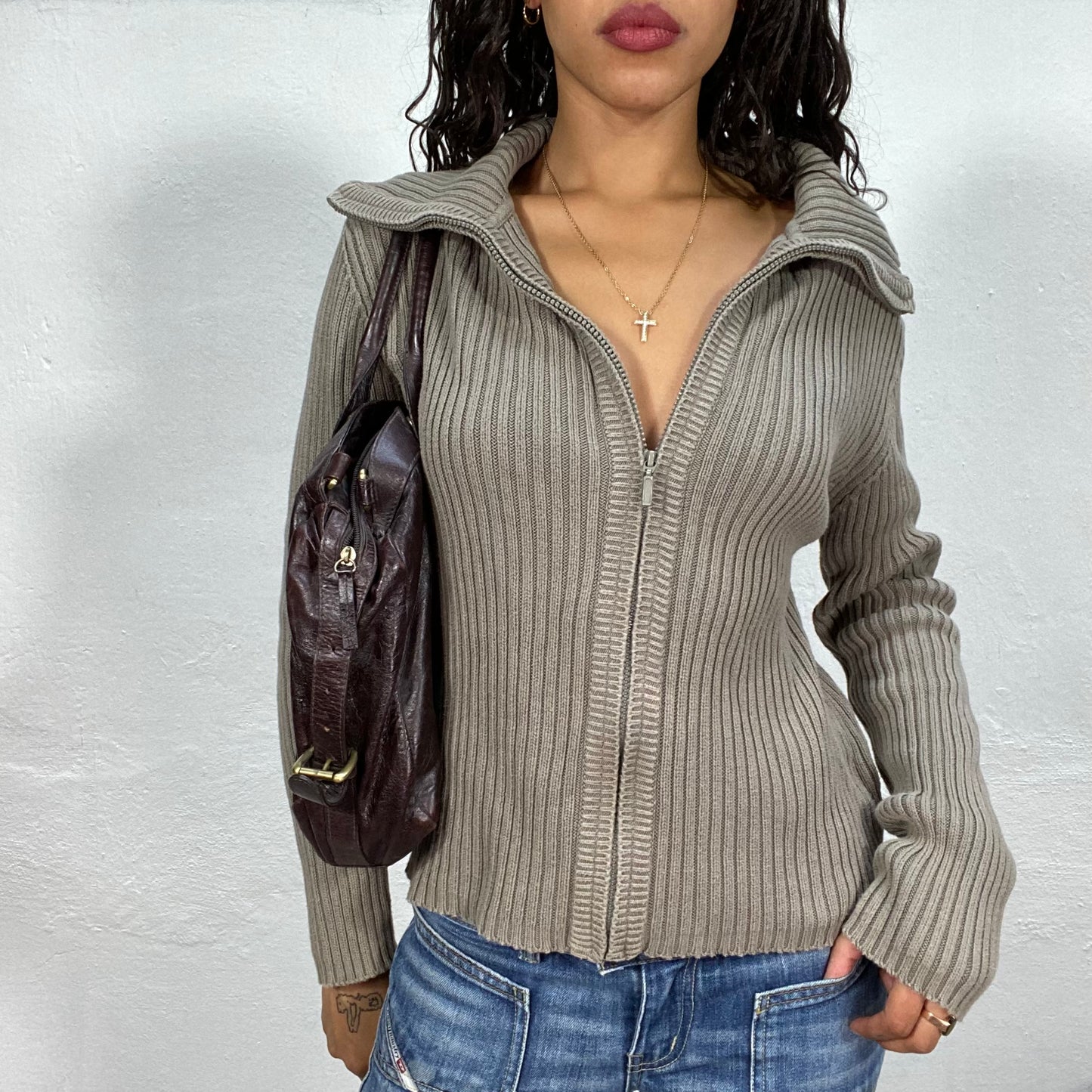 Vintage 90's Downtown Girl Ribbed Knit Zip Up Pullover (M)