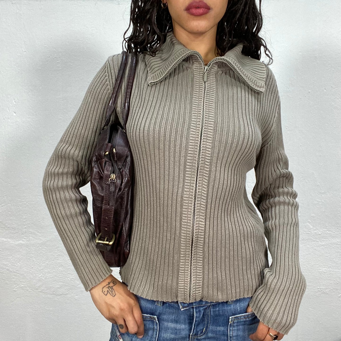 Vintage 90's Downtown Girl Ribbed Knit Zip Up Pullover (M)