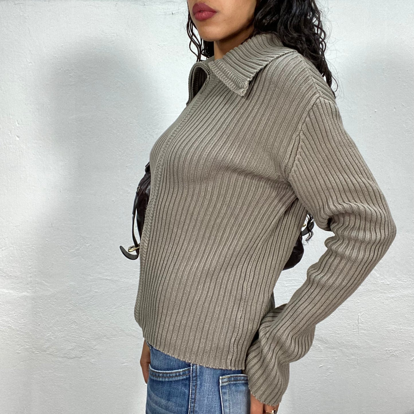 Vintage 90's Downtown Girl Ribbed Knit Zip Up Pullover (M)