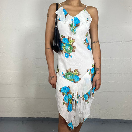Vintage 2000's Romantic Summer White Light Asymmetric Layered Skirt Cami Dress with Blue Floral Print (S)