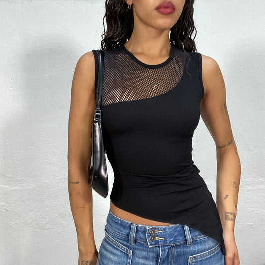 Vintage 2000's Rave Black Asymmetric Top with Fishnet Detail and Slit (S)