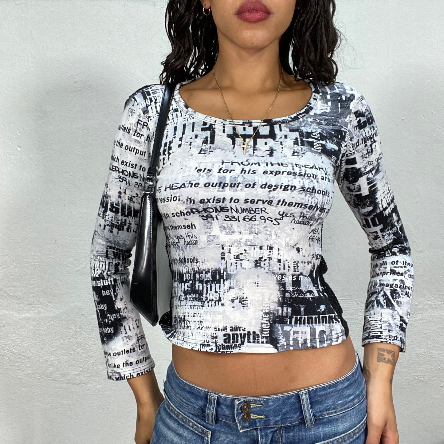 Vintage 2000's Rave Grey Longsleeve Top with Newspaper Print and Fishnet Open Back Detail (S)