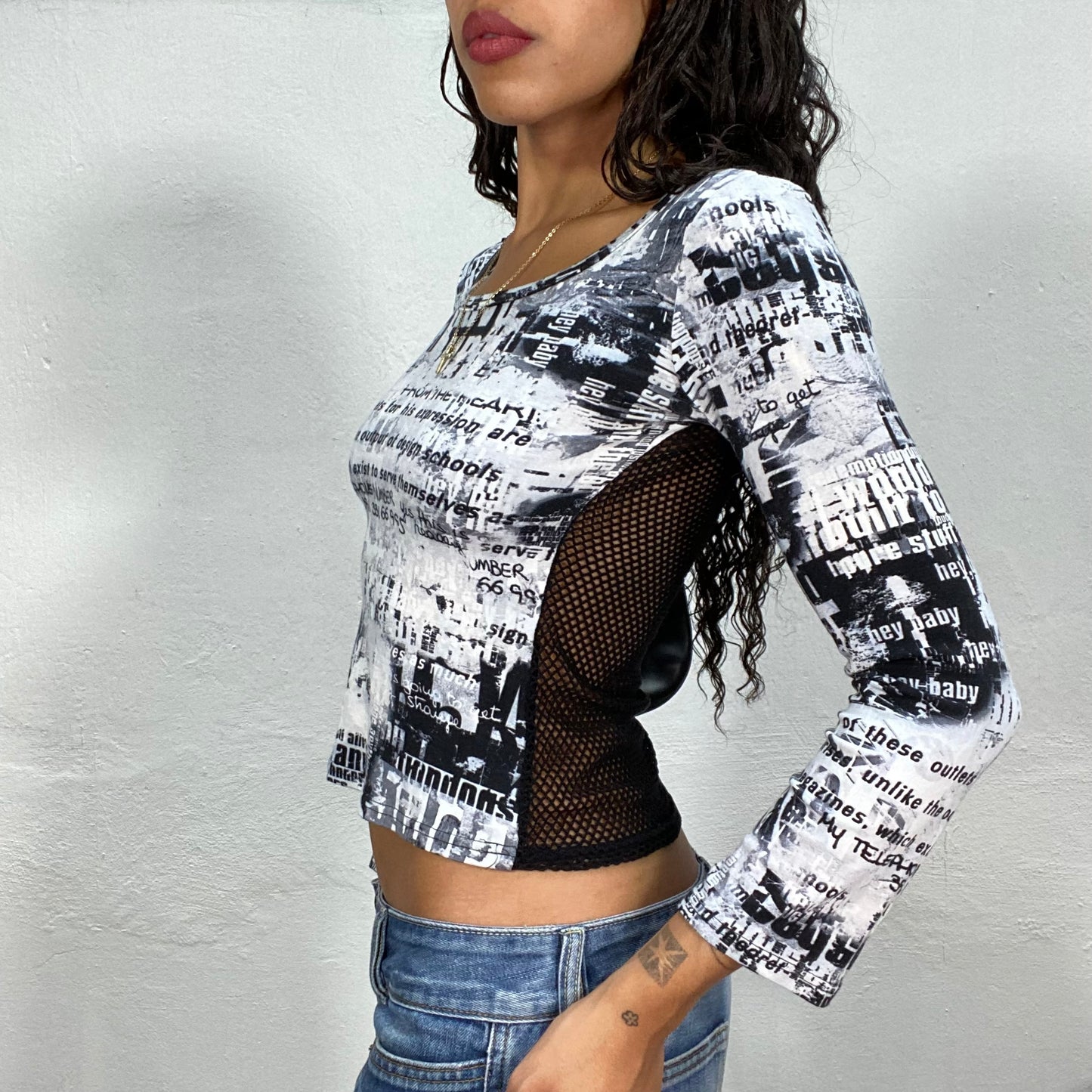 Vintage 2000's Rave Grey Longsleeve Top with Newspaper Print and Fishnet Open Back Detail (S)