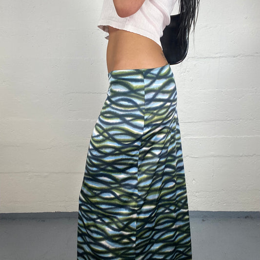 Vintage 2000's Mermaid Sea Blue Maxi Skirt with Abstract Waves Print (S)