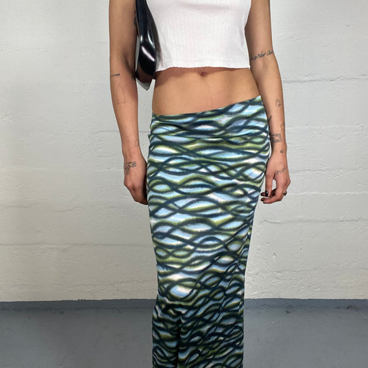 Vintage 2000's Mermaid Sea Blue Maxi Skirt with Abstract Waves Print (S)