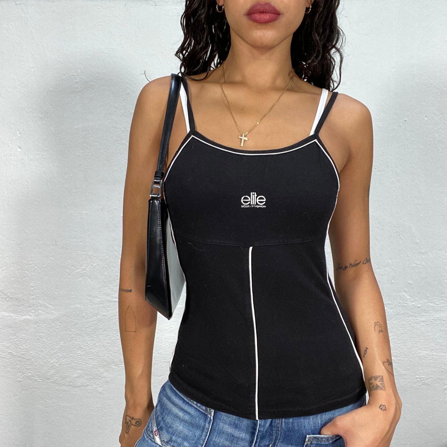 Vintage 2000's Elite Model Off Duty Black Top with White Trim and Logo Detail (S)