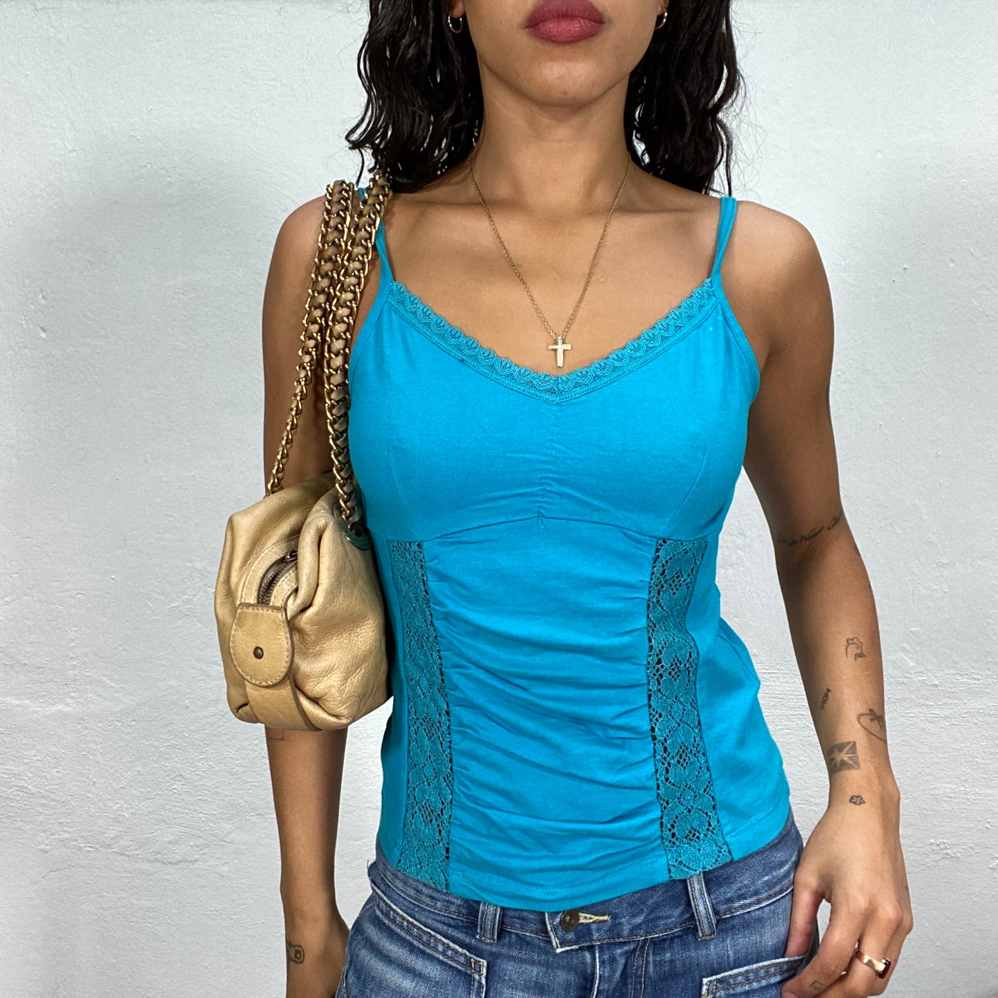 Vintage 90's Summer Aqua Blue Top with See Through Lace Slits Detail (S/M)