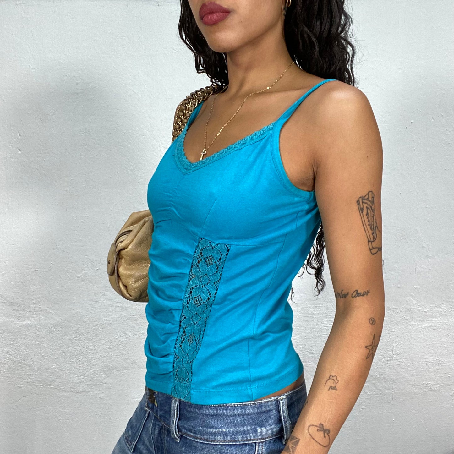 Vintage 90's Summer Aqua Blue Top with See Through Lace Slits Detail (S/M)