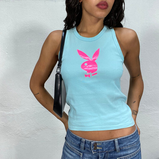 Vintage 2000's Playboy Downtown Girl Blue Top with Fuchsia Logo Detail (S)