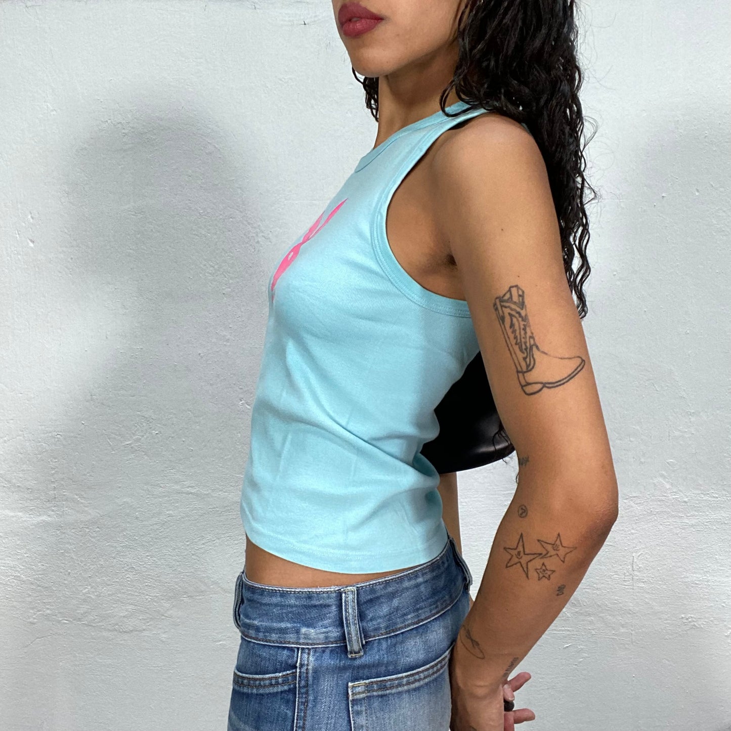 Vintage 2000's Playboy Downtown Girl Blue Top with Fuchsia Logo Detail (S)