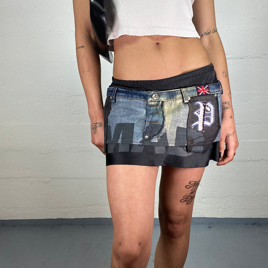 Vintage 2000's Streetwear Satin and Denim Combo Mini Skirt with Mad Overprint and Flag Embroidery (S)