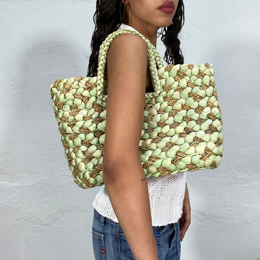 Vintage 90's Beach Basket Bag with Green Crafted Material Detail