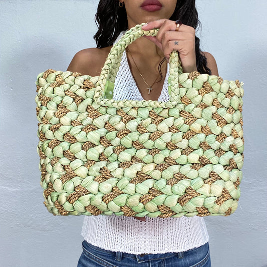 Vintage 90's Beach Basket Bag with Green Crafted Material Detail