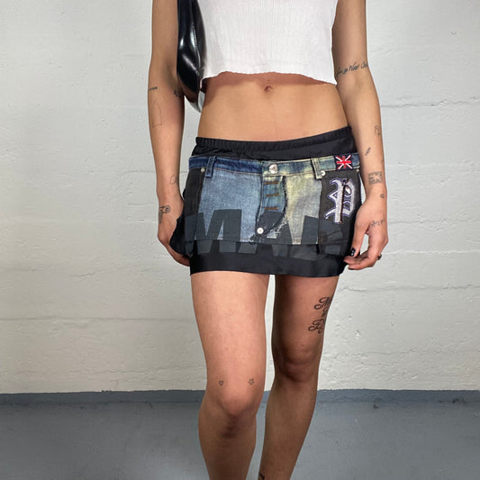 Vintage 2000's Streetwear Satin and Denim Combo Mini Skirt with Mad Overprint and Flag Embroidery (S)