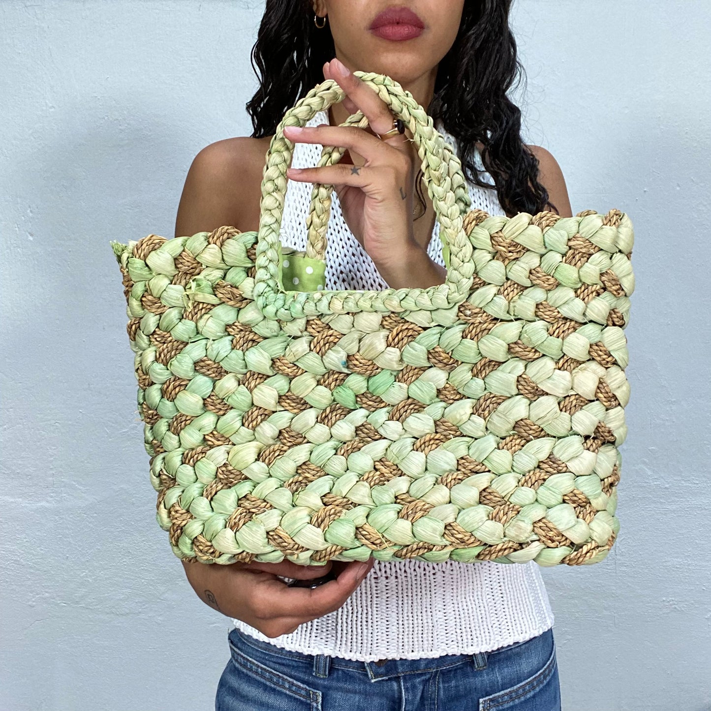 Vintage 90's Beach Basket Bag with Green Crafted Material Detail