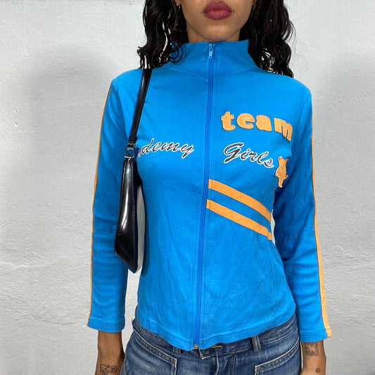 Vintage 2000's Blue and Yellow Zip Up Sweater with "Academy Girls" Print (S)