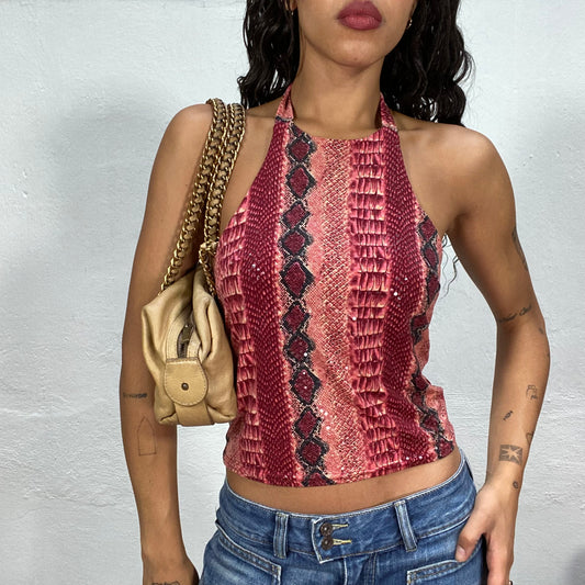 Vintage 90's Funky Garnet Neckholder Top with Serpent Print (S)