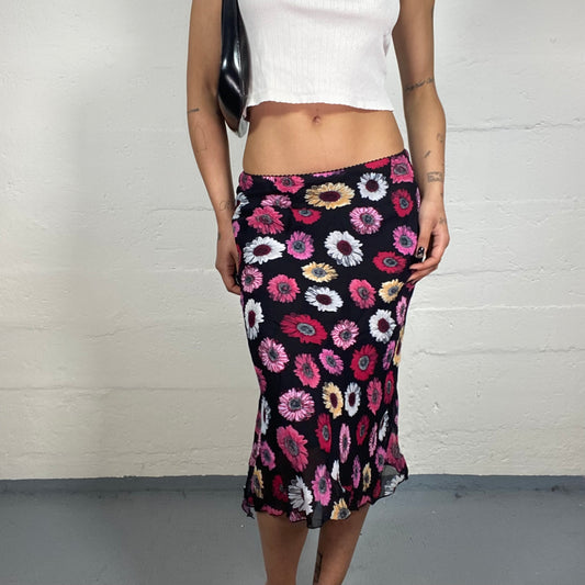 Vintage 2000's Summer Country Girl Black Chiffon Low Rise Skirt with Multicoloured Floral Print (M)