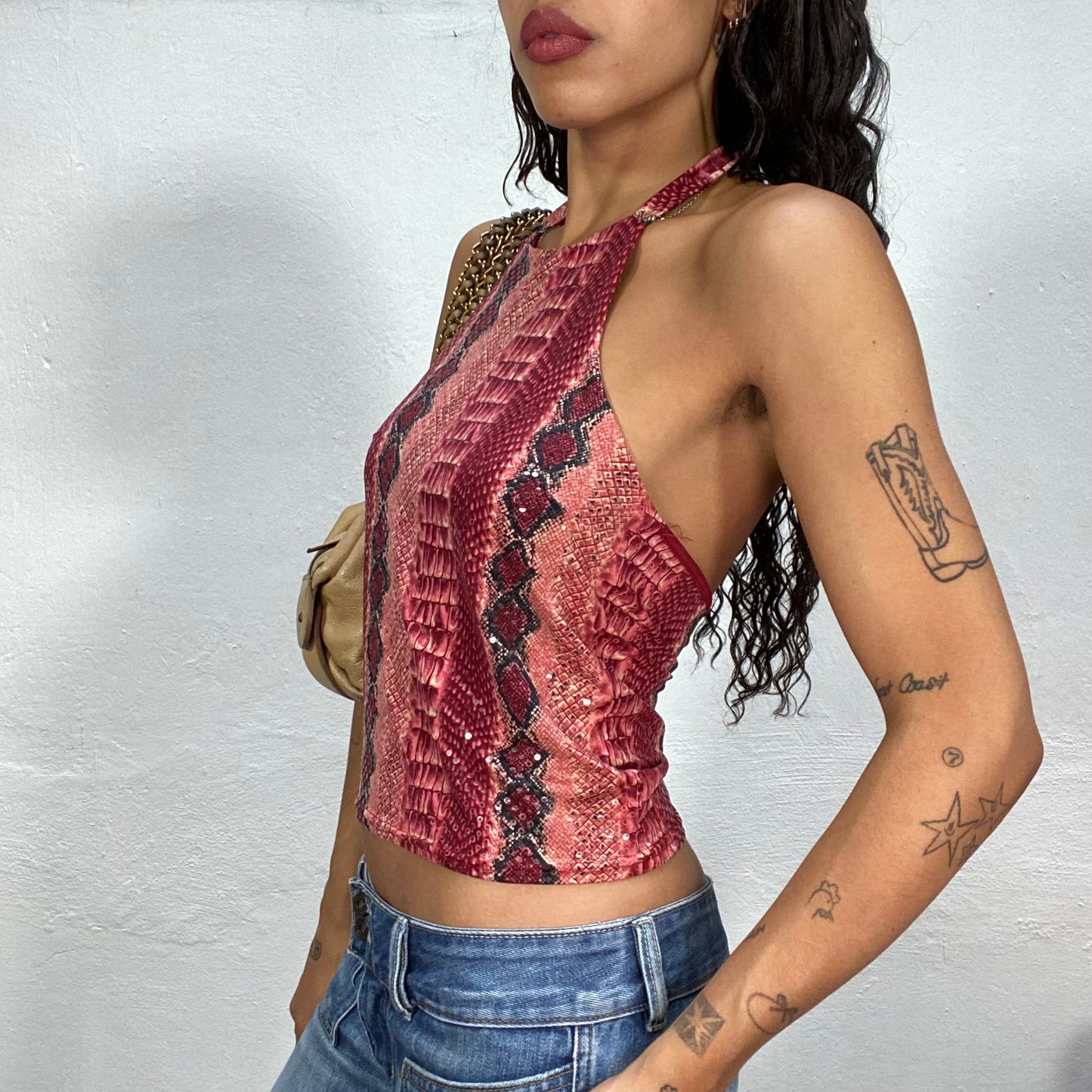 Vintage 90's Funky Garnet Neckholder Top with Serpent Print (S)