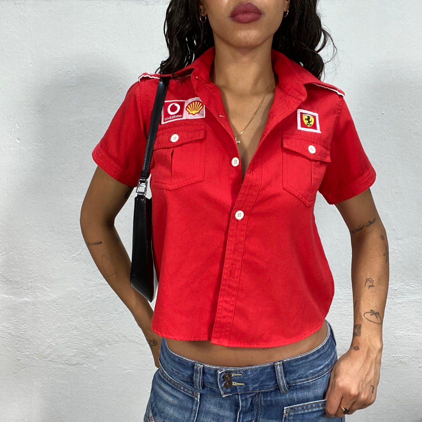 Vintage 2000's Ferrari Red Sporty Button Up Shirt with Logo Patches Detail (M)