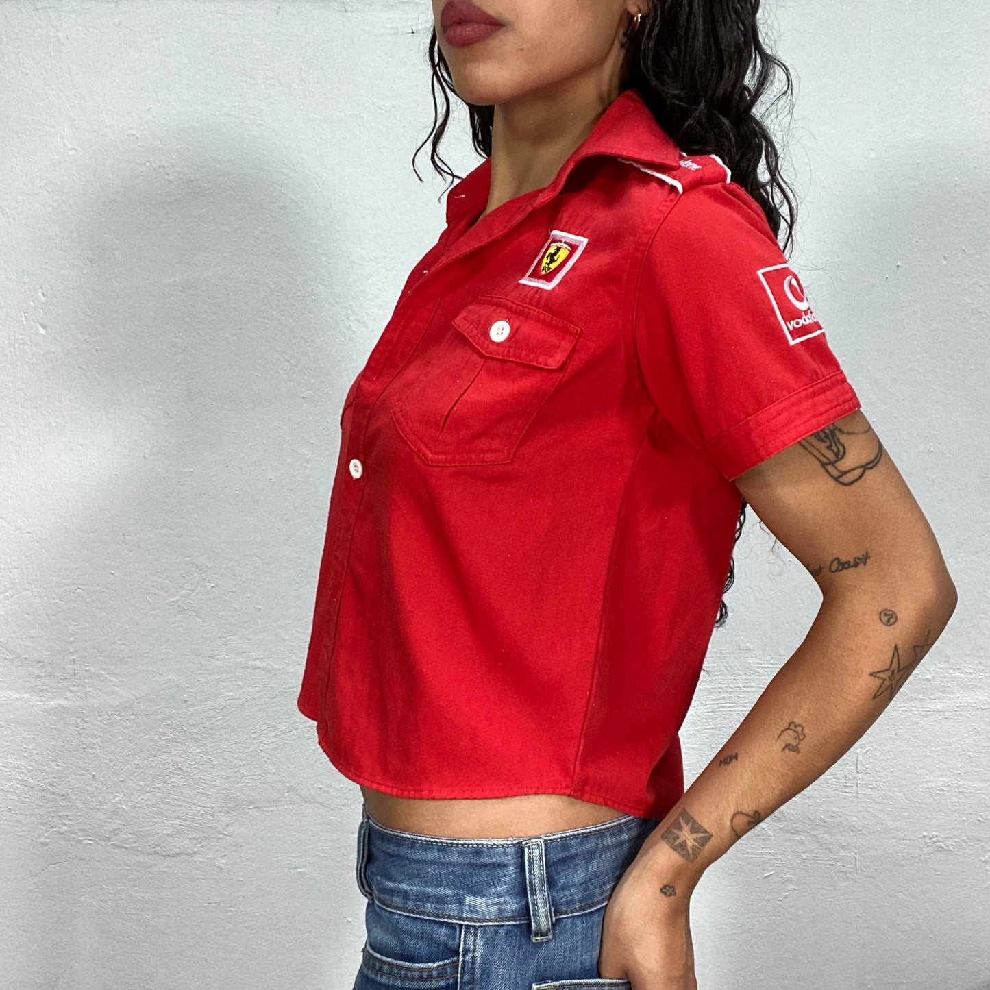 Vintage 2000's Ferrari Red Sporty Button Up Shirt with Logo Patches Detail (M)