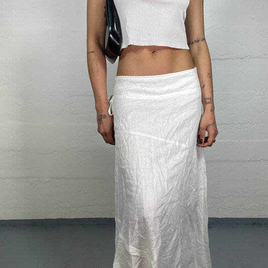Vintage 2000's Summer White Linen Low Rise Maxi Skirt with Side Binding (M)