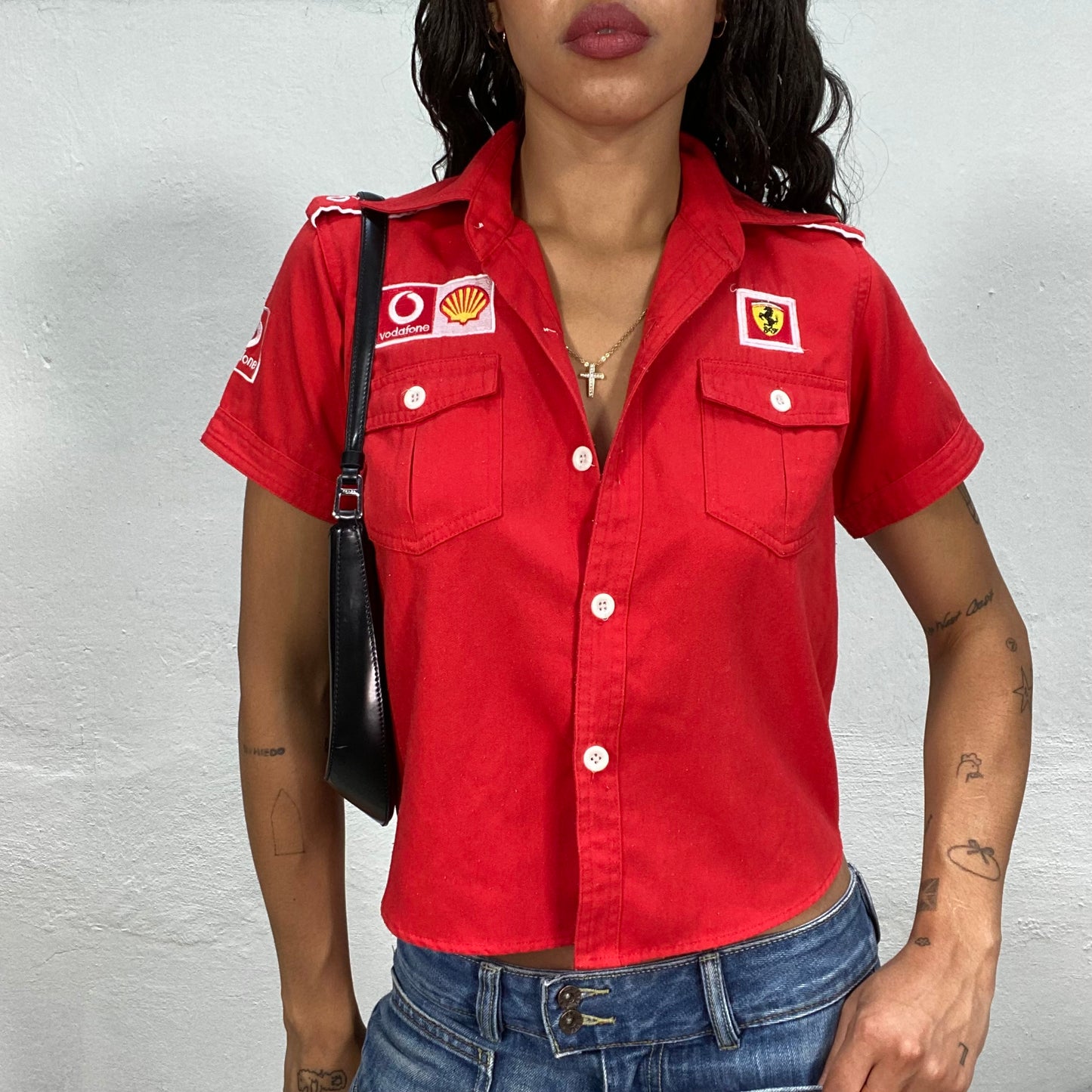 Vintage 2000's Ferrari Red Sporty Button Up Shirt with Logo Patches Detail (M)