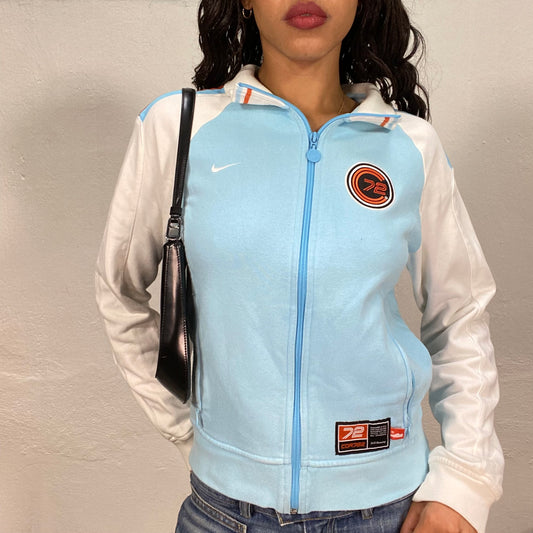 Vintage 2000's Nike Baby Blue and White Zip Up Sweater with Patches (M)